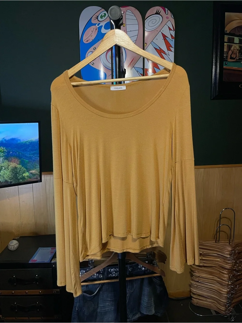 Persaya Mustard Long-Sleeve Scoop Neck Top